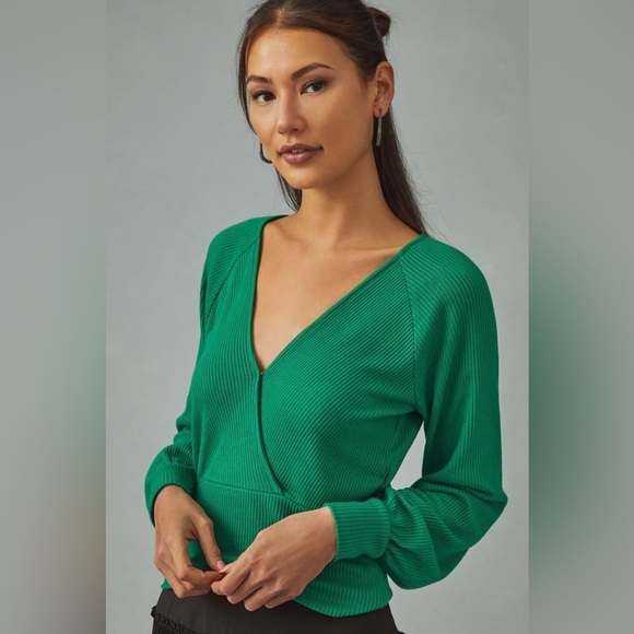 By Anthropologie Ribbed Wrap Sweater, Kelly Green, Size S - Picture 1 of 13